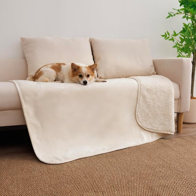 Waterproof Blanket for Dogs - Pet Throw as Furniture Protector | Cozy Sherpa & Smooth Velvet, Reversible and Machine Washable, for Couch, Bed, or Travel, 40"x50", Beige by TuffeelHome