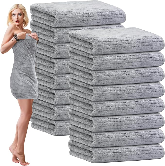 SmoothNovelty 16 Pack Microfiber Bath Towels Bulk 27'' x 60'' Oversized Size Bath Towel Highly Absorbent Extra Large Soft Drying for Beach Shower Summer Salon Sport Gym Party (Stripe,Grey) by SmoothNovelty