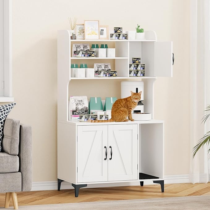 IDEALHOUSE Cat Litter Box Enclosure with Shelves and Doors,Wood Sturdy Hidden Litter Box Furniture,Indoor Cat House Furniture for Most of Litter Box,Litter Box Cabinet,White by IDEALHOUSE