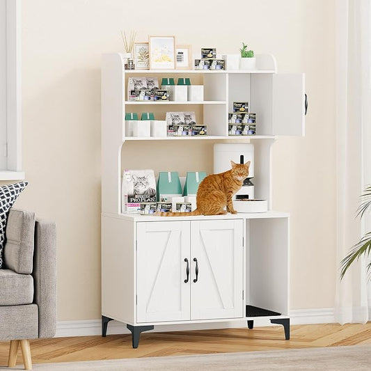 IDEALHOUSE Cat Litter Box Enclosure with Shelves and Doors,Wood Sturdy Hidden Litter Box Furniture,Indoor Cat House Furniture for Most of Litter Box,Litter Box Cabinet,White by IDEALHOUSE