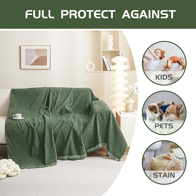 MEETSKY Sectional Couch Covers Chenille Sofa Covers Washable for 3 Cushion Couch Decorative Soft Blend Sofa Slipcovers Simply Put Sofa Throw Cover for Living Room, 91" x 134", Moss Green - Image 2