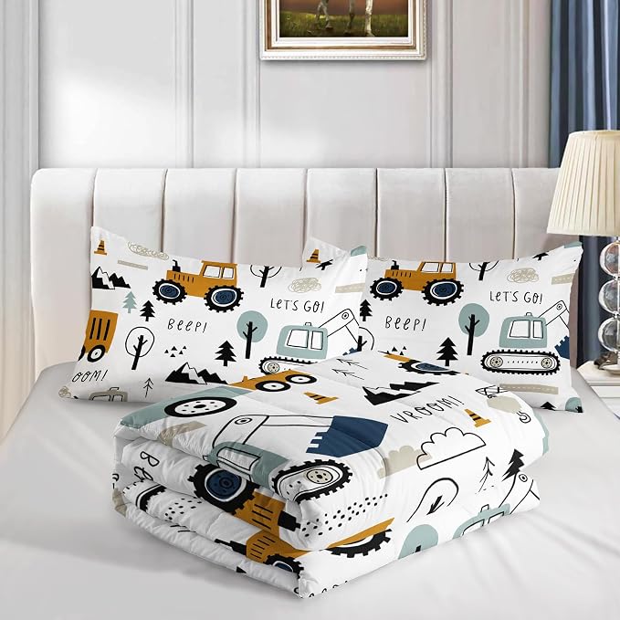 Cartoon Car Comforter Set Kids Construction Printed Bedding Set with 1 Comforter and 2 Pillowcases for Boys and Girls Bedroom All Season(Car Queen) - Image 4
