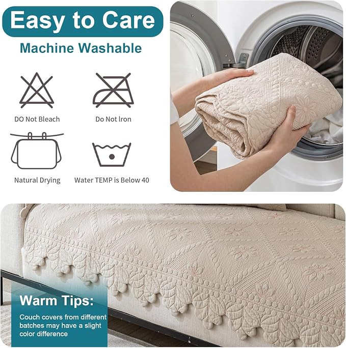 KRFOONN Cotton Quilted Dog Couch Cover for Sofa (Khaki, 2PC 27.6" x 27.6") | Farmhouse Embroidery Sectional Couch Cover Washable, Soft Non Slip Sofa Slipcover Cushion Furniture Protector for Kids, Pets - Image 7