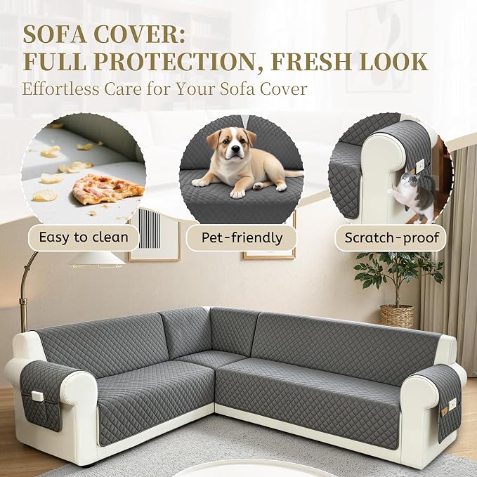 Sectional Couch Covers for Dogs 100% Waterproof Corner L Shaped Sofa Cover Pet Friendly Velvet Washable Anti Slip L Shape Modular Sofa Slipcover Protector with Pockets (Dark Gray, X-Large) - Image 5