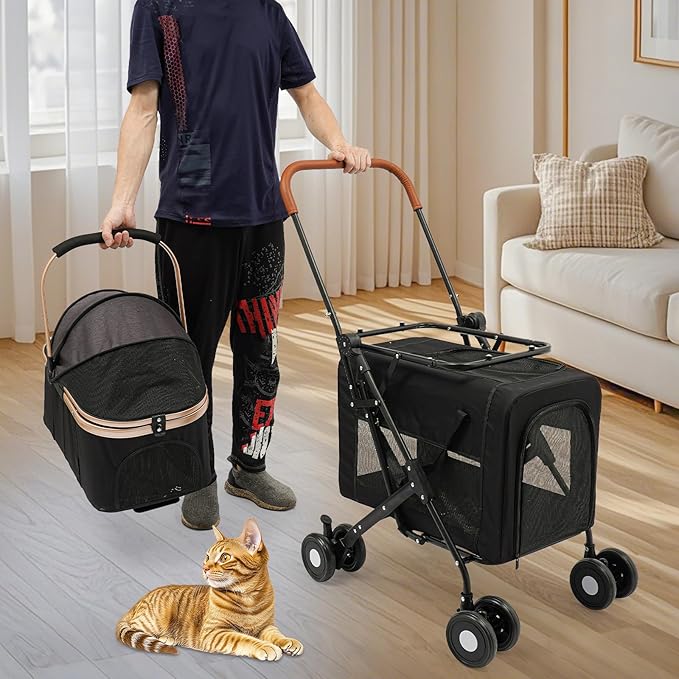 Double Dog Stroller with 4 Wheels, Foldable 3-in-1 Cat Pet Stroller with 2 Detachable Carriers,Reversible Handle, Steel Frame, Safety Belt for Small Medium Dogs Cats(Black)