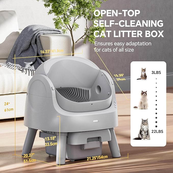 Mimfam Automatic Self Cleaning Litter Box, with 4 Pairs Infrared Senor, Open-Top Design for Multi-Cat Homes, Comes with Liner Bags and Cat Litter Mat, Grey - Image 2
