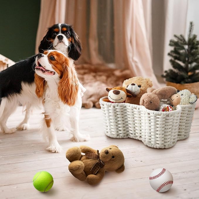 Barydat 2 Pcs Dog Toy Basket Dog Toy Bin Bone Shaped Handmade Pet Organizer for Pet White Cotton Rope Basket (16.5 x 12.4 x 6.89 and 13.39 x 9.25 x 5.4) - Image 5