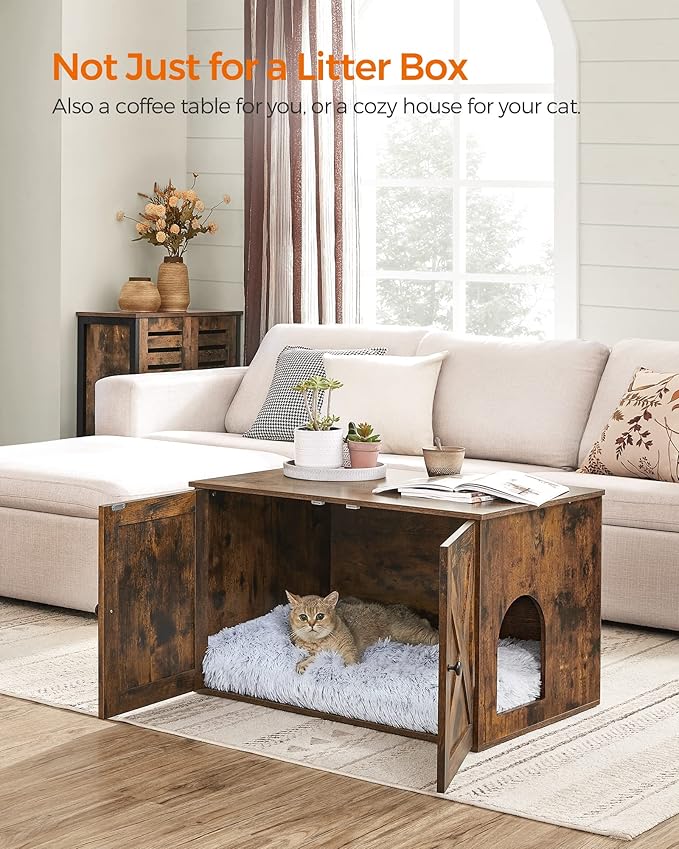 Feandrea Cat Litter Box Enclosure, Litter Box Furniture Hidden with Removable Divider, Indoor Cat House, End Table, 31.5 x 20.9 x 19.7 Inches, Rustic Brown UPCL002X01 - Image 3