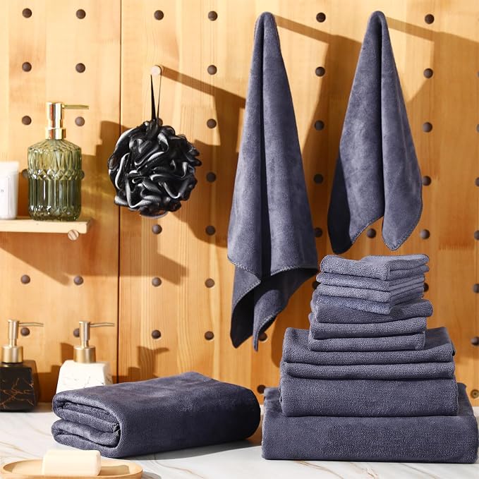 Mixweer 24 Piece Dark Grey Microfiber Absorbent Towel Set: 2 Oversized Bath Sheets, 4 Bath Towels, 6 Hand, 8 Washcloths, 4 Fingertip for Bathroom Spa Gym Camping Beach - Image 2