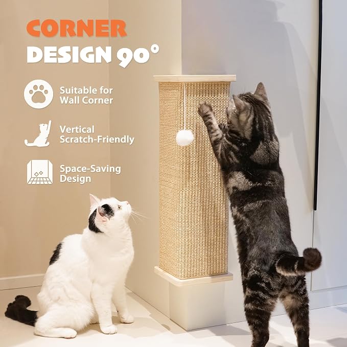 PETKARAY Sisal Corner Cat Scratcher, 22" Large Cat Wall Scratcher, Scratching Post for Indoor Cats, Wall Mounted Sisal Scratch Pad with Toy Ball - Image 2