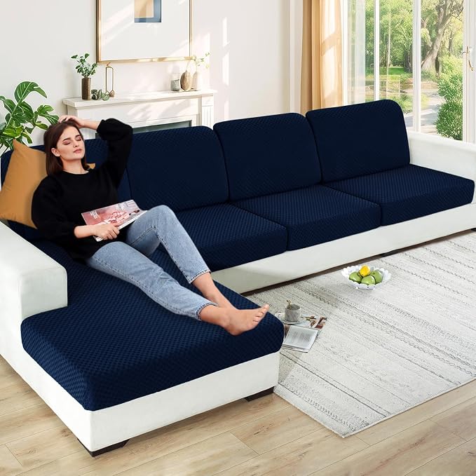 【Clearance】 Stretch Individual Cushion Covers Large Sofa Seat Cushion Slipcovers Soft Couch Cover Replacement Large Checkered Furniture Protector with Elastic Bottom (3 Pcs XL Cushion Covers, Navy) by YEMYHOM