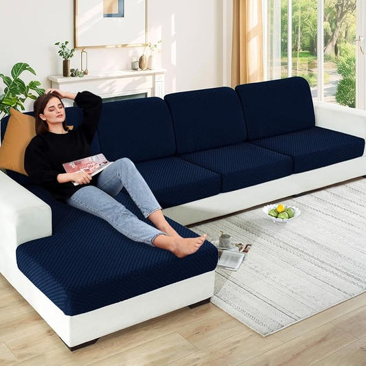 【Clearance】 Stretch Individual Cushion Covers Large Sofa Seat Cushion Slipcovers Soft Couch Cover Replacement Large Checkered Furniture Protector with Elastic Bottom (3 Pcs XL Cushion Covers, Navy) by YEMYHOM