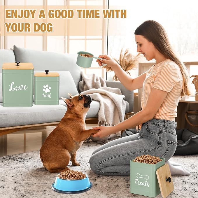 Jingmore Metal Dog Treat Containers Set of 3 with Bamboo Lids and Spoon Airtight 7+3+2 lbs Dog Food Snack Jars with DIY Labels Big Pet Cookie Storage Jar for Kitchen Counter (Sage Green,Cute) - Image 4