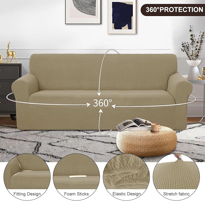 U-NICE HOME Stretch Couch Cover Slipcover for 3 Cushion Sofa, Sand | 1-Piece Sofa cover, Washable, Pet friendly, Furniture protector, Polyester Spandex Jacquard fabric - Image 3