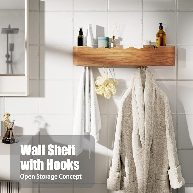 Coat Rack Wall Mount with Shelf 8 Hidden Hooks Modern Wooden Key Holder Entryway Organizer for Hallway Bedroom Bathroom Home Decor Storage for Hanging Coats Hats Bags Towels, Wave-Shape Oak - Image 7