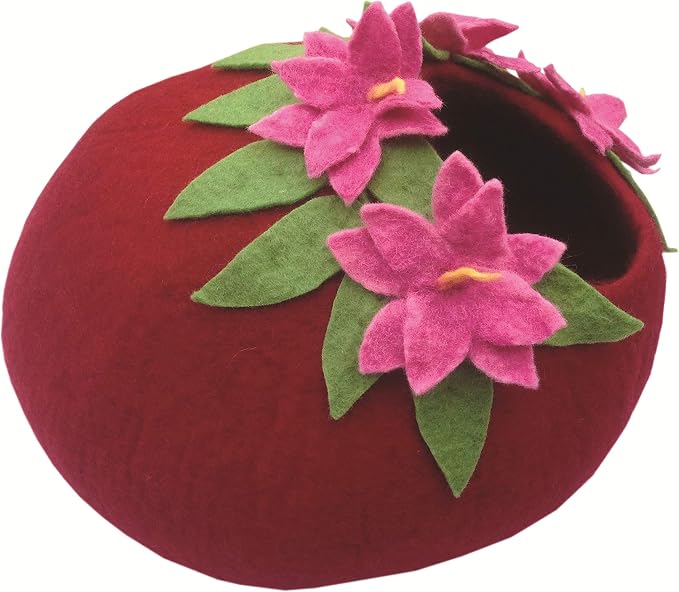 Deluxe Felt Cat Cave Bed, Eco-Friendly Handmade 100% Natural Wool Cat Bed Cave, Makes Great Covered Cat House or Cozy Cat Hideaway, Wool Cat Caves for Indoor Cats and Kittens (Lotus/Red) by Le+Sharma