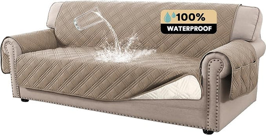 PrinceDeco 100% Waterproof Couch Cover for 3 Cushion Couch Sofa Pet Friendly Non-Slip Couch Cover for Dogs Washable Water Resistant Furniture Protector with Elastic Straps(XL Sofa 78", Taupe) by PrinceDeco