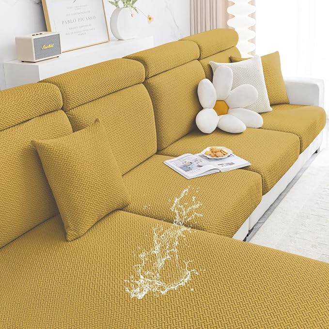 Smiry Waterproof Couch Cushion Covers, L Shape Sectional Couch Covers | Stretch Jacquard Chaise Lounge Sofa Slipcover, Washable Elastic Furniture Protector for Pets, Chaise, Ginder Yellow by Smiry