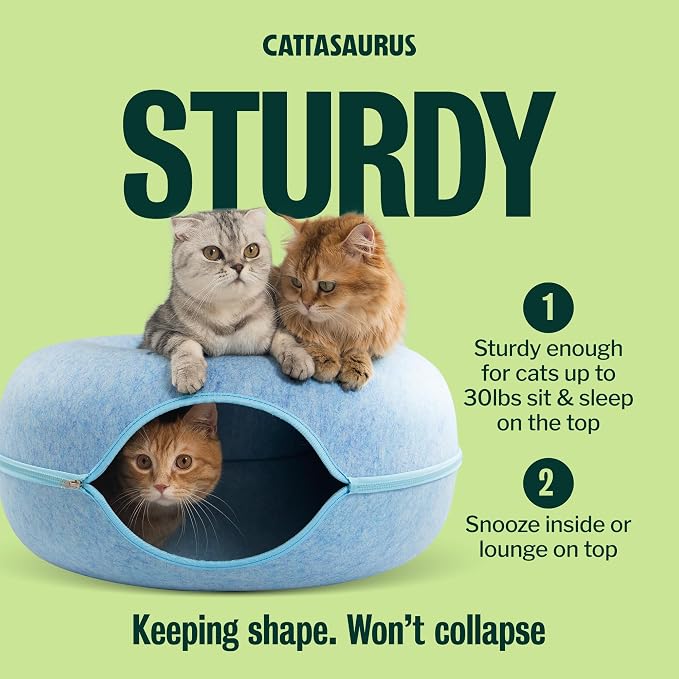 Cattasaurus Peekaboo Cat Cave Donut for Multiple & Large Cats up to 30-45 lbs, 3-in-1 Self Warming Cat Bed, Tunnel & Scratcher for Indoor Cats, Washable & Detachable Small Dog Bed (Blue, Large) - Image 4