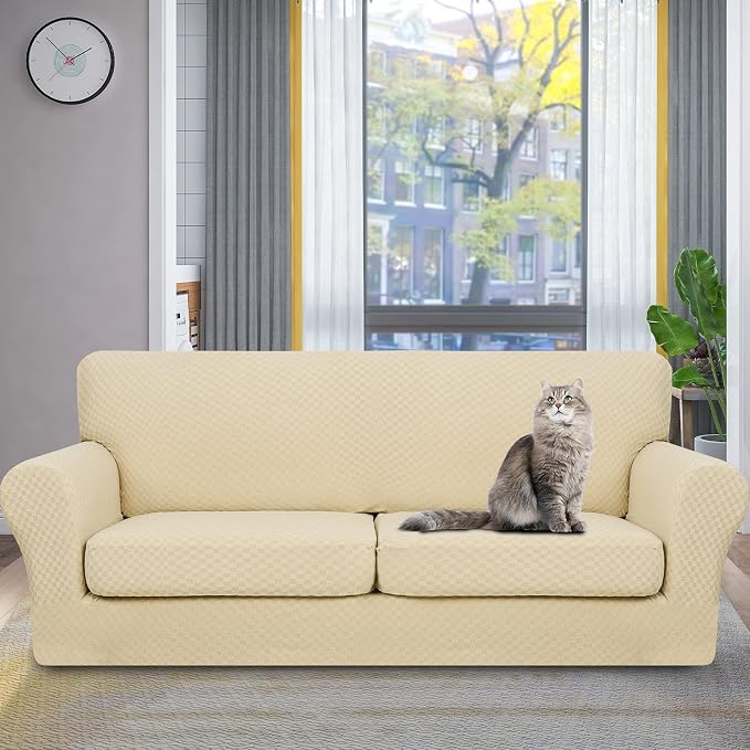 YEMYHOM Latest Checkered 3 Pieces Couch Covers for 2 Cushion Couch High Stretch Sofa Cover with 2 Extra Large Seat Cushion Covers Anti Slip Elastic Slipcovers (Beige), 71"-91"(2 Cushions) - Image 2