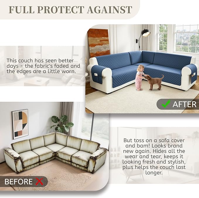 Sectional Couch Covers for Dogs 100% Waterproof Corner L Shaped Sofa Cover Pet Friendly Velvet Washable Anti Slip L Shape Modular Sofa Slipcover Protector with Pockets (Blue, XX-Large) - Image 7