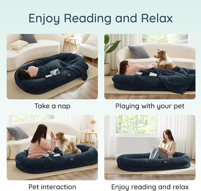ChiXnuggle Orthopedic Human Dog Bed,with Faux Fur Washable Cover,Blanket | navy,72*40*10,giant dog bed for adult or extra large dogs,egg crate foam,non-slip bottom - Image 7