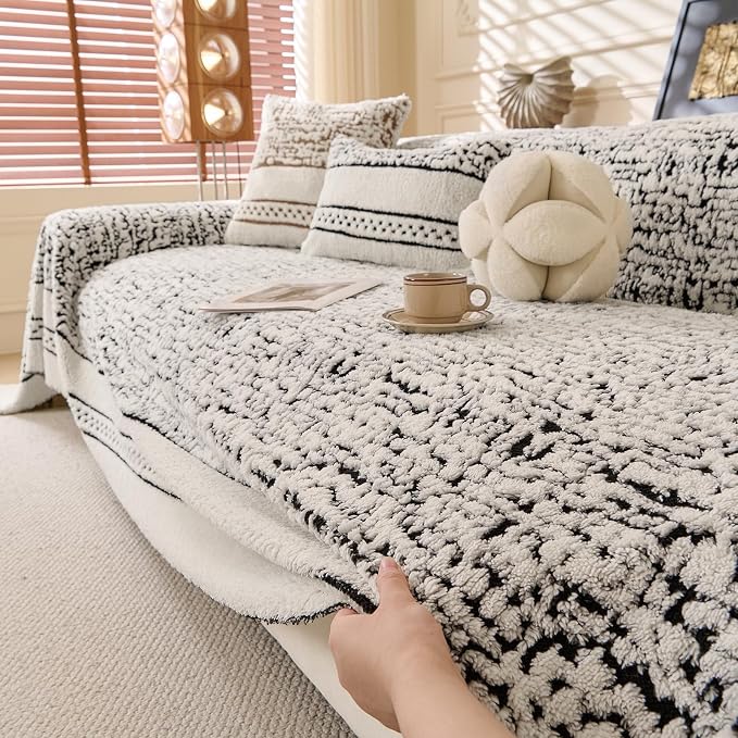 ROOMLIFE Thicked Striped Boho Black Couch Cover for 2-3 Cushion Sofa, Fuzzy Plush Warm Sofa Slipcovers Sectional Sofas Covers, Non Slip Washable Furniture Protector Soft with Tassel,Winter 71''X118” - Image 8