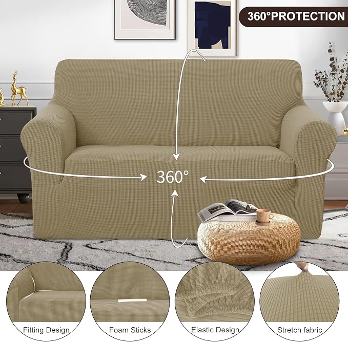 U-NICE HOME Loveseat Cover Stretch Couch Cover Sofa Slipcover, Sand | 2 Cushion Sofa, 1-Piece Sofa cover, Washable, Pet friendly, Furniture protector, Polyester Spandex Jacquard fabric - Image 3