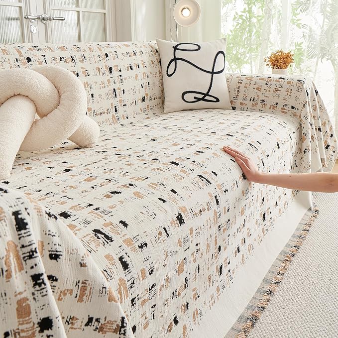 DREAMINGO Abstract Chenille Couch Cover Blanket Beige Khaki Black Boho Sofa Cover, Washable Furniture Protector, Universal Slipcover for Couch, Geometric Brushstroke Jacquard, Large 71"x118" - Image 3