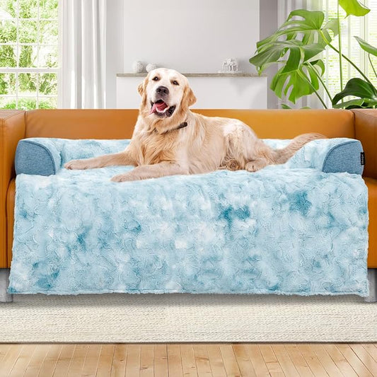 Calming Large Dog Couch Bed, Waterproof Memory Foam with Durable Fluffy Fuzzy Mats, Washable Removable Cover Protector for Sofa, Bedside, Gift, 45 x 37 Inches, Tie-Dye Blue by blunique