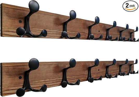 SKOLOO 36-Inch Wood Coat Rack Wall Mount with 6 Triple Hooks, Pine Material, Charred Golden Brown Finish, Ideal for Family Entrances, Classrooms, and Pet Supplies Storage, Pack of 2 by SKOLOO