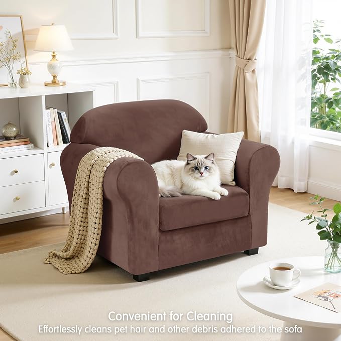 CHUN YI 2 Piece Velvet Armchair Cover Couch Covers 1 Cushion, Water Resistant Chair Slipcover with Arms, Non Slip High Stretch Thick Furniture Protector for Dogs Pets, Small, Brown - Image 7