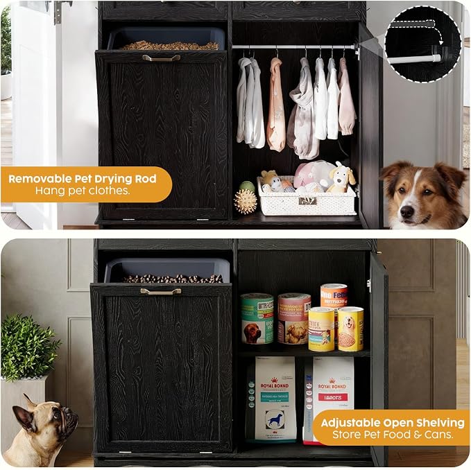 39.7’’W Dog Feeding Station, Tilt-Out Dog Food Cabinet for Multi-Pets, Pet Feeder Station with 4 Feeding Bowls, Dog & Cat Storage Organizer with Hanging Rod, (Black, Dual Doors) - Image 4