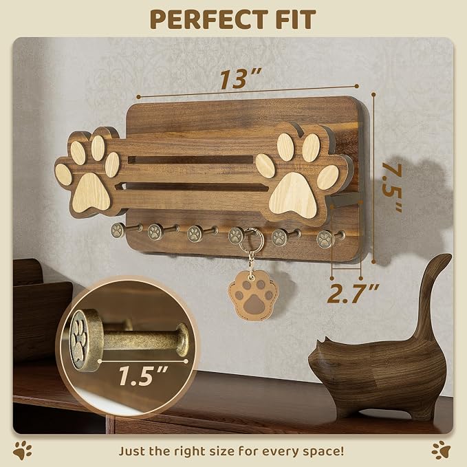 MTERSN Acacia Wood Dog Leash Holder for Wall – Cute Dog Paw Key Holder Wall Mount with Floating Shelf and 6 Hooks, Rustic Mail Organizer for Dog Accessories & Home Decor(Acacia Wood) - Image 2
