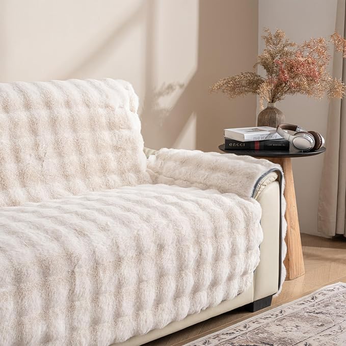 Plush and Fuzzy Shaggy Couch Cover, Dog Pad Faux Fur Sofa Cover, Water Resistant Slipcover, Non-Slip Furniture Protector for Kids,Dogs,Cats.(White-Bubble, X-Large Sofa) by SNUGGLESINTO