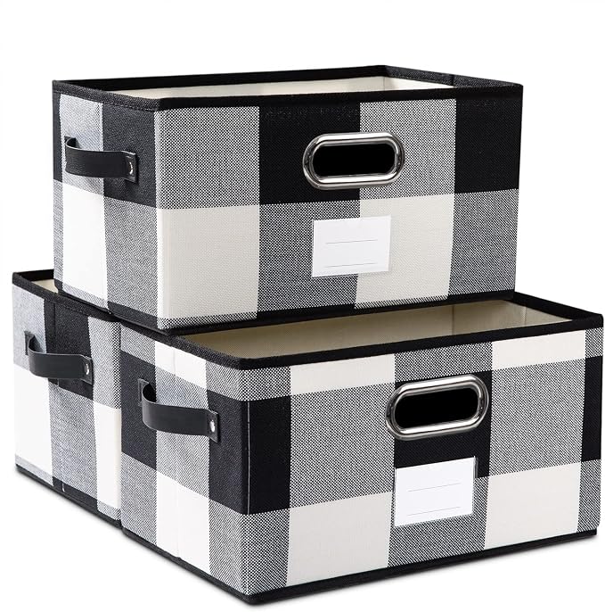 PRANDOM Fodable Storage Bins for Closet [3-pack] Decorative Fabric Storage Baskets Cubes with Leather/Metal Handles for Shelves Bedroom Living Room Black and White Grid (11.5x8.5x6.7 Inch) by Prandom