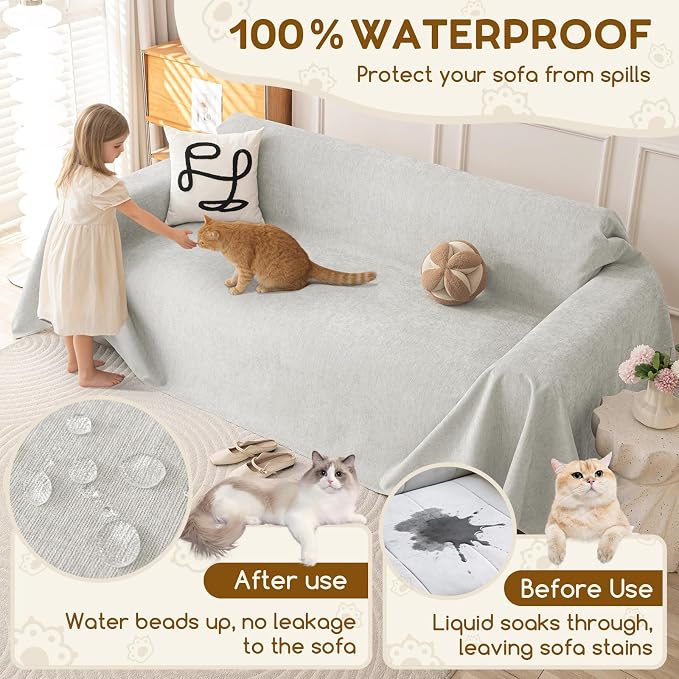 OstepDecor Waterproof Couch Covers for Pets, Couch Protector from Cat Claws | Washable Sofa Cover for Dogs, Non Slip Furniture Protector for Sofas, Loveseats & Sectionals, 71"x134", Light Grey - Image 4