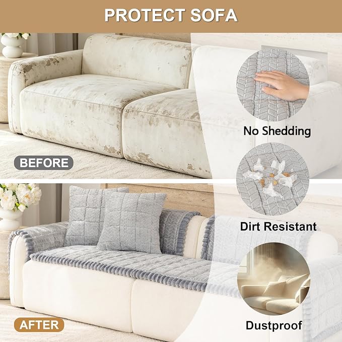 Thick Pet Couch Covers for Sofa (27.6"x80.7",Light Grey) | Soft Sofa Covers for 3 Cushion Couch, Machine Washable，Non Slip Sofa Cover, Flannel Dog Pet Friendly Couch Covers Protector - Image 5