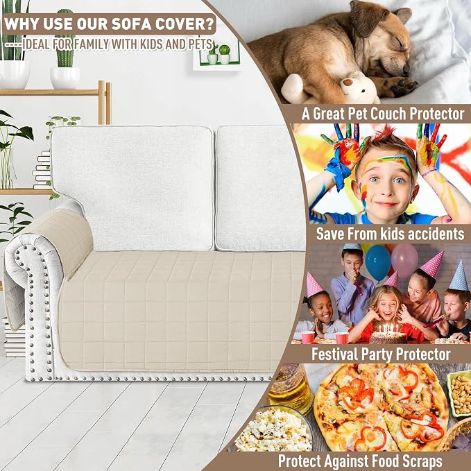 MAXIJIN Waterproof Couch Cover for Pets Dogs Washable, Quilted Sofa Seat Covers Washable for 3 Cushion Couch, Non-Slip Slipcover Furniture Protector with Side Pockets (Sofa, Beige) - Image 5