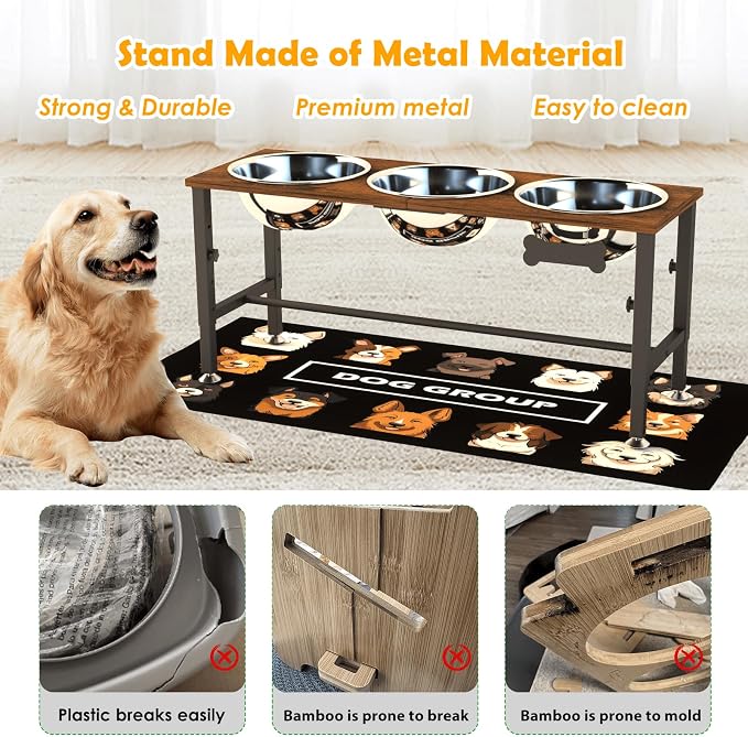 XXLarge Wooden Elevated Dog Bowl Stand – 4 Adjustable Heights (11.8"-17.7"), Wooden & Metal with 3 Stainless Steel Bowls & Splash Pad for Large & Extra Large Breeds - Image 6