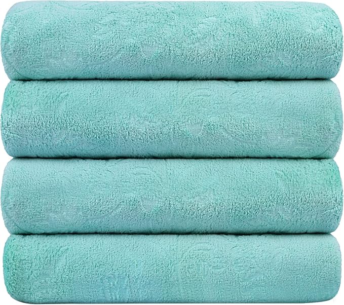 JML Microfiber Bath Towels, 30" x 60", 4 Pack, Green-Floral | Oversized, Soft, Super Absortbent, Fast Drying, Multipurpose Use for Sports, Fitness, Yoga by JML