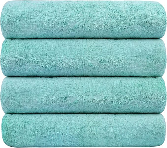 JML Microfiber Bath Towels, 30" x 60", 4 Pack, Green-Floral | Oversized, Soft, Super Absortbent, Fast Drying, Multipurpose Use for Sports, Fitness, Yoga by JML