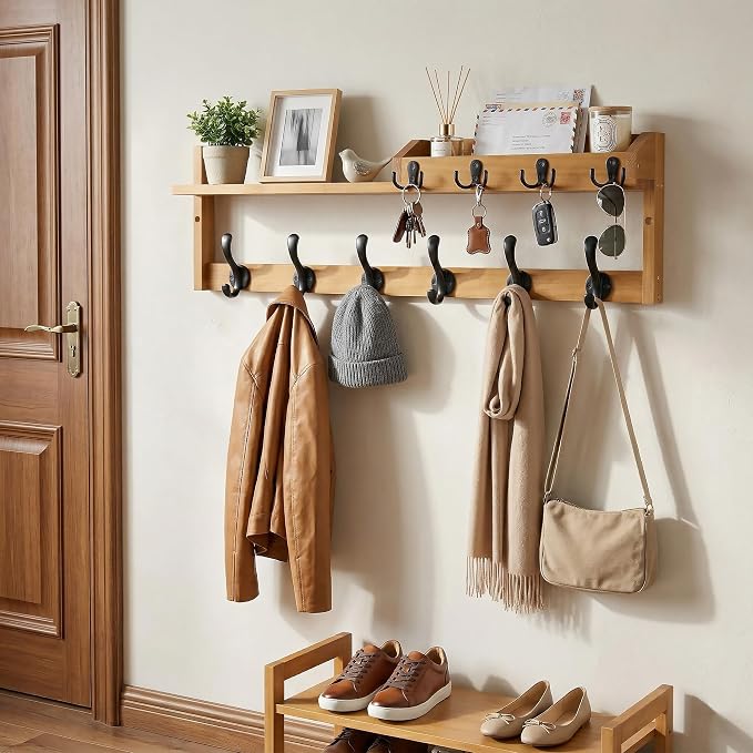 Coat Rack Wall Mount with Shelf, 27.5" Entryway Wall Hanging Shelf, Coat and Key Hanger with 10 Dual Hooks, Mail Organizer and Key Holder Hat Rack for Wall, Wood Coat Hooks with Storage - Image 6