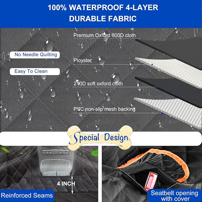 Dog Car Seat Cover for Back Seat 600D Scratchproof Nonslip Durable Waterproof Cars Pet Backseat Covers with Mesh Window Dogs Hammock for Car，SUV, Truck (54" W x 58" L) - Image 3