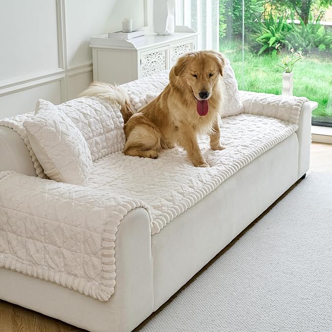 Fuzzy Couch Covers for Dogs, Non Slip Thick Dog Couch Cover Protector, Plush Pet Couch Covers for Sofa Washable, Soft Sofa Cushion Slipcovers Pet Friendly(1PC, Beige White, 27.6”x70.9”) - Image 2