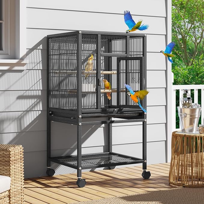 YITAHOME 41 inches Metal Bird Cage for Parakeets: Large Parrot Cages with Tray, Food Boxes, and Wooden Perches with Rolling Stand & Brakes for Lovebirds Cockatiels Pigeon Finches, Black | Large Parrot Cages with Tray, Food Boxes, and Wooden Perches wit... - Image 5