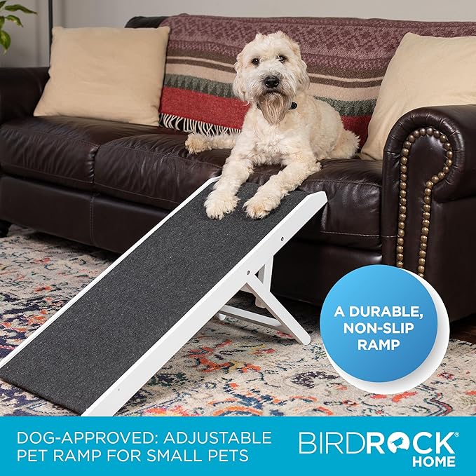 BIRDROCK HOME Adjustable Pet Ramp for Small Dogs, Cats, Puppies - Foldable Wooden Dog Ramp for Couch, Bed, Car - Indoor or Outdoor- Safe, Portable, Non-Slip Carpet - 16", White
