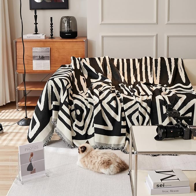 91" x 118" Chenille Couch Cover with Black Geometry Pattern for Sectional Sofa Loveseat Futon L Shaped Cover Reversible Sofa Slipcover Non Slip Sofa Cover Pet Cat Protector Washable - Image 2
