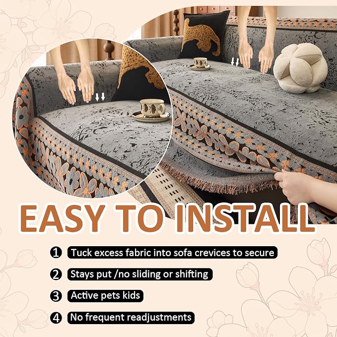 STACYPIK Vintage Floral Gray Couch Cover for Pets, Chenille Botanical Jacquard Sofa Cover for 3 Cushion Couch, Washable Sectional Silpcover for L Shaped, Farmhouse Sofa Protector Blanket-71X134IN - Image 3
