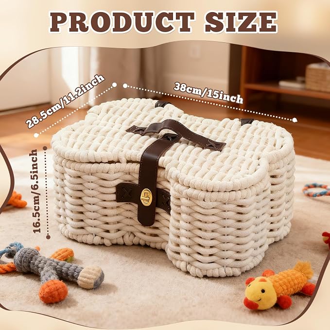 Dog Toys Basket, Cotton Rope Bin Bone Shaped Pet Toys Organizer, Handmade Pet Toy Bin, Woven Baskets for Storage, 14.96" x 11.22" x 6.5"inch - Image 2